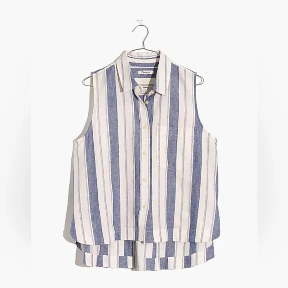 Madewell Herringbone Nice Blue Striped Sleeveless Linen Blend Shirt Sz XXS EUC